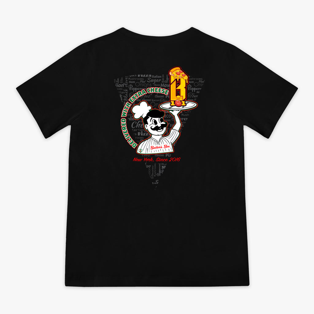 Black youth graphic tee with “Pizza Guy” design — back view