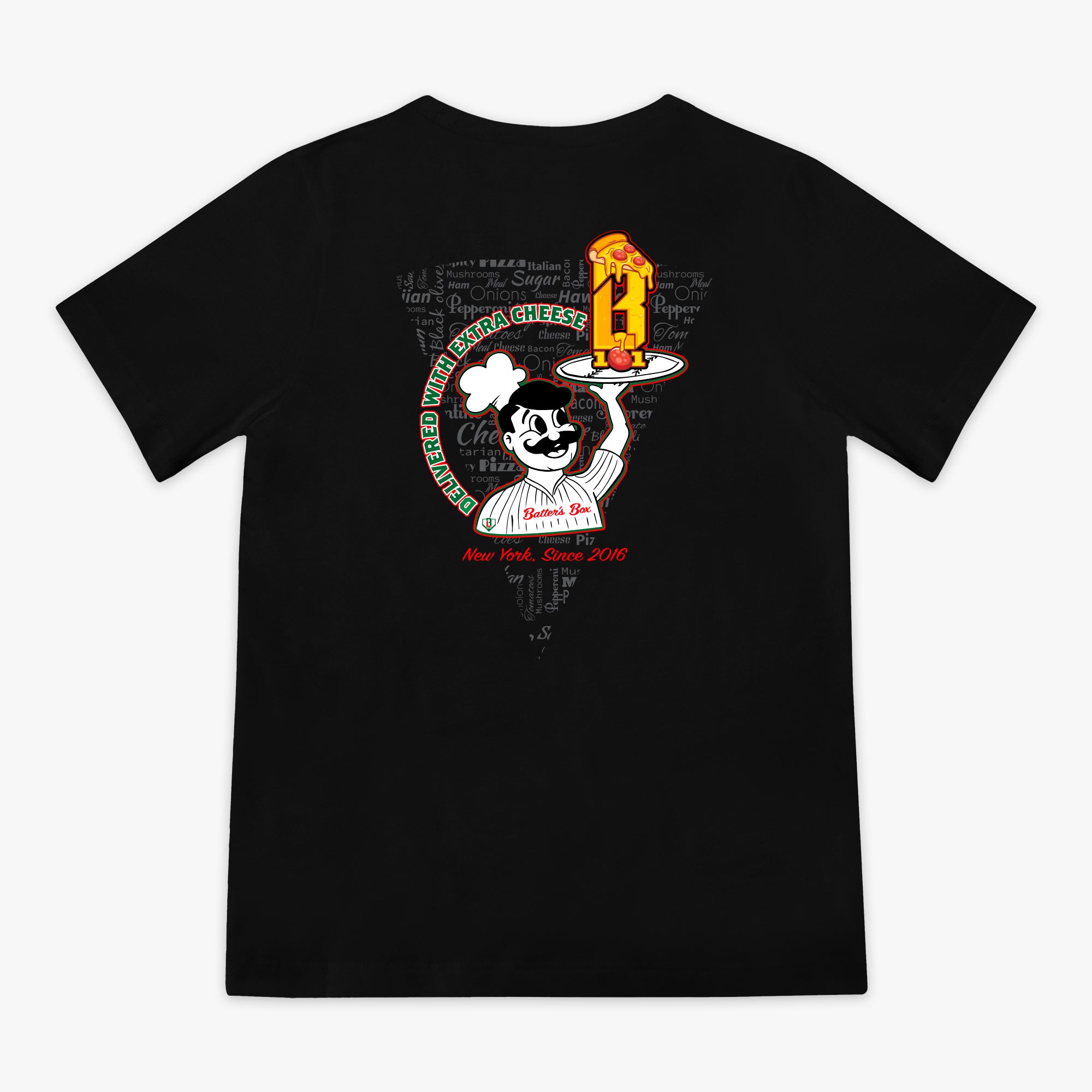 Black youth graphic tee with “Pizza Guy” design — back view