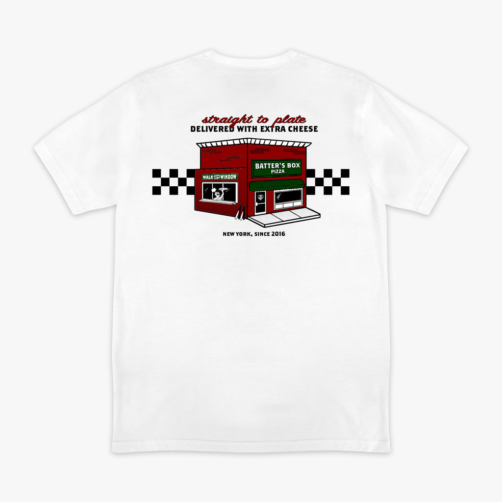 Graphic tee with “Pizza Shop” design — back view
