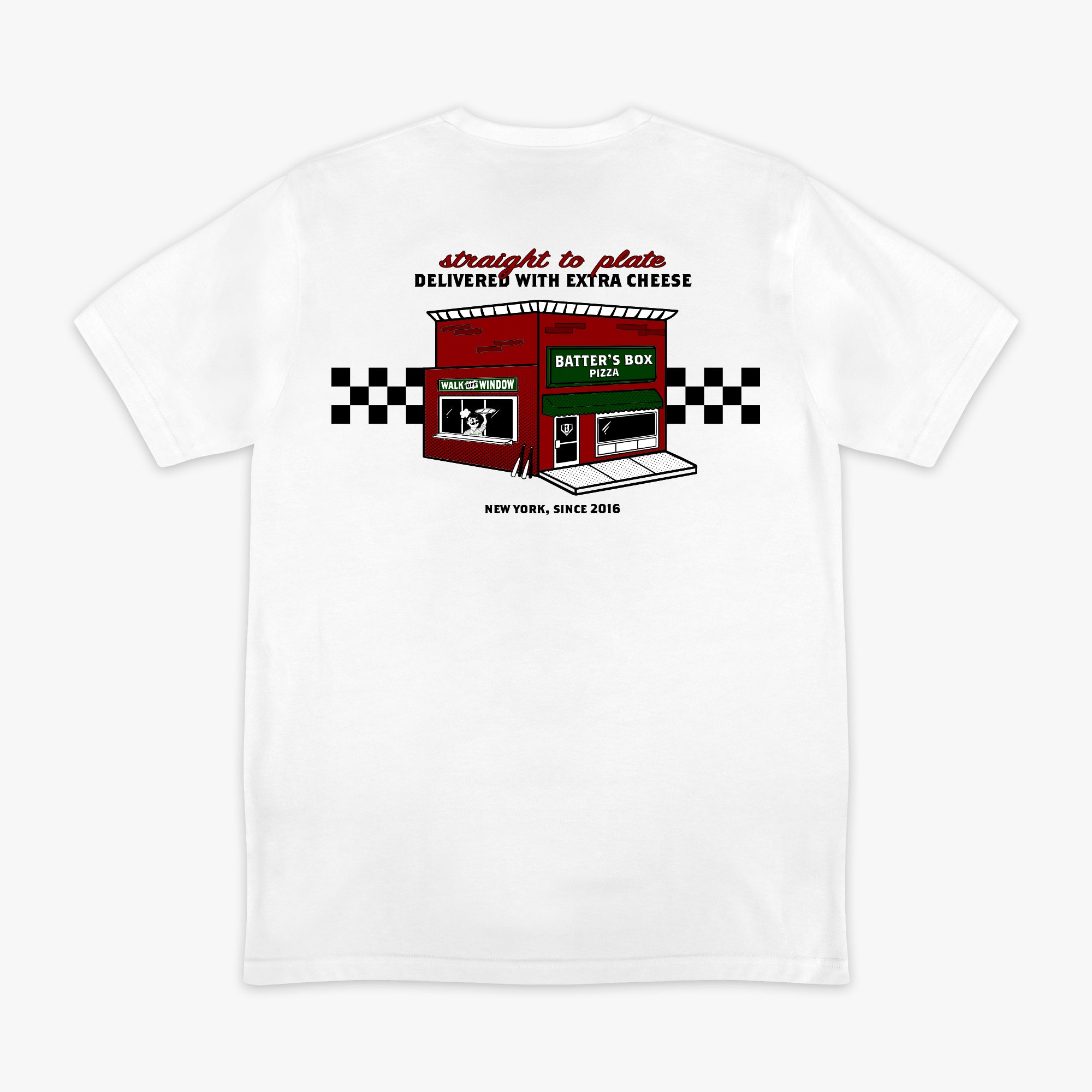 Graphic tee with “Pizza Shop” design — back view