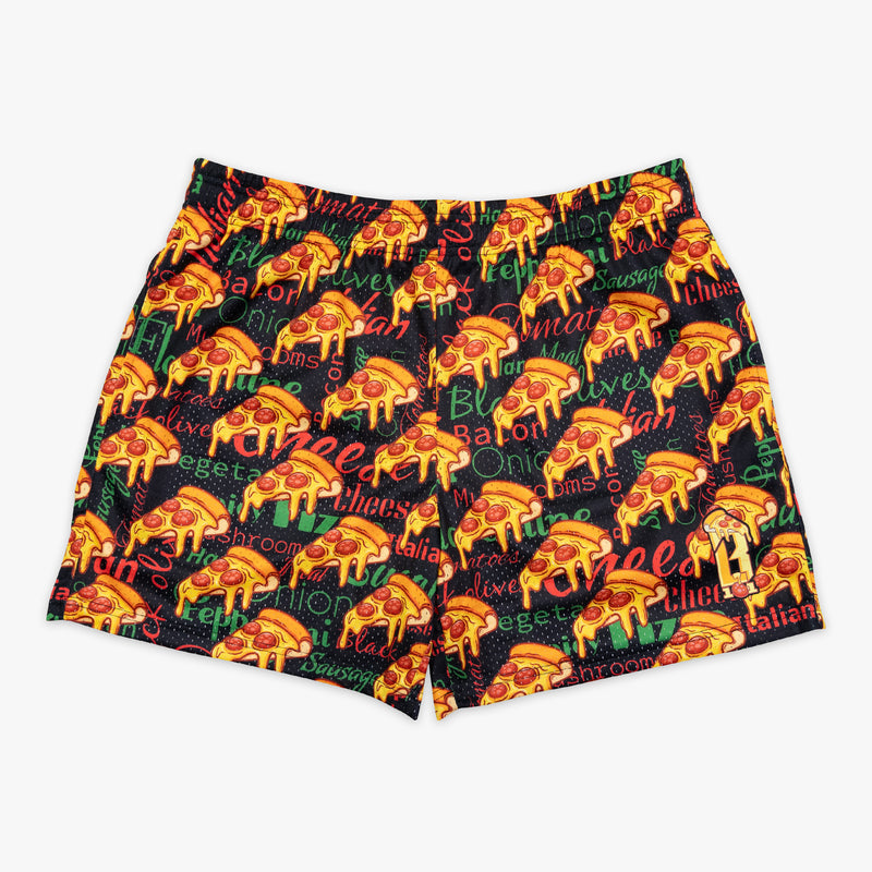 Adult model wearing shorts with “Pizza” design