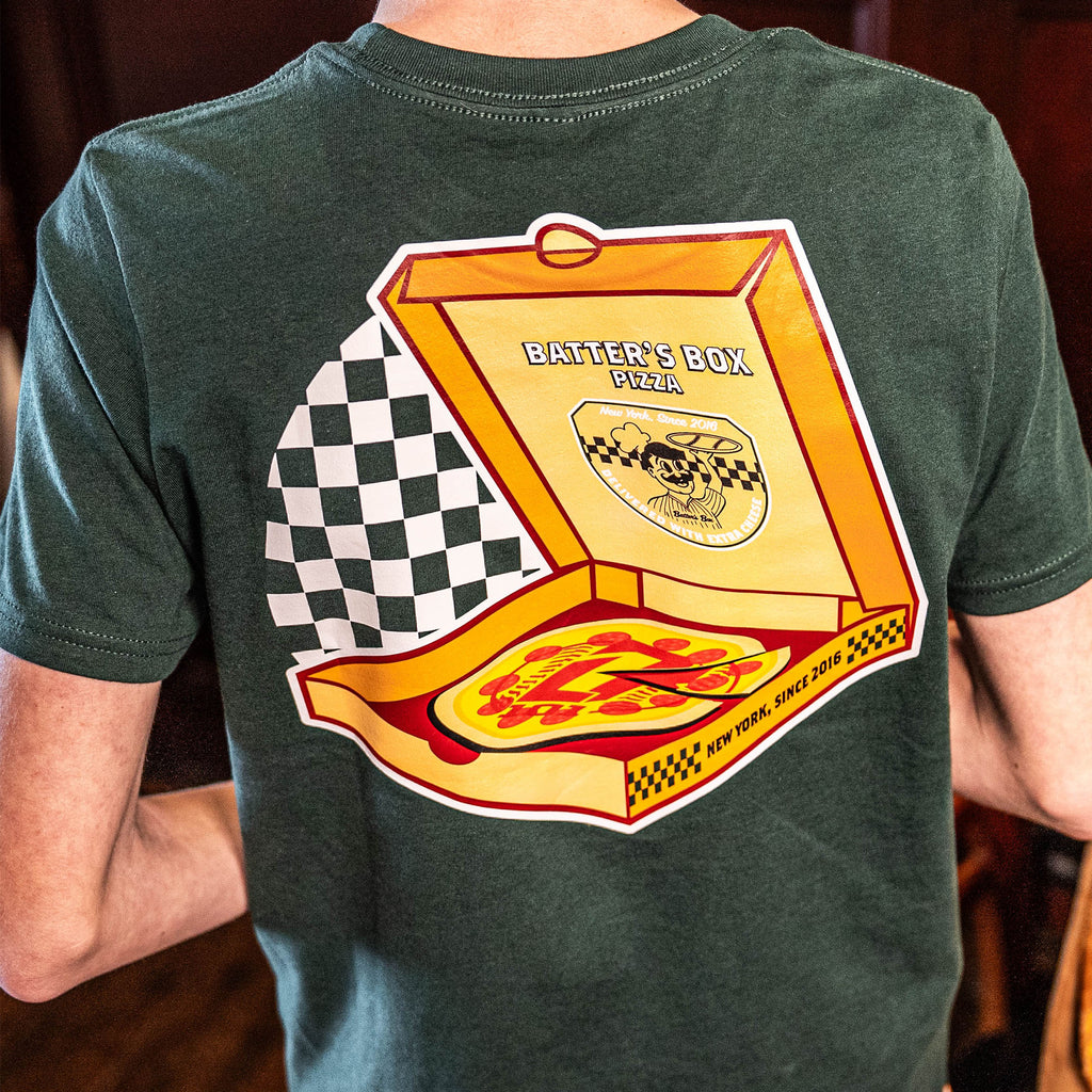 Adult model wearing graphic tee with “Pizza Delivery” design