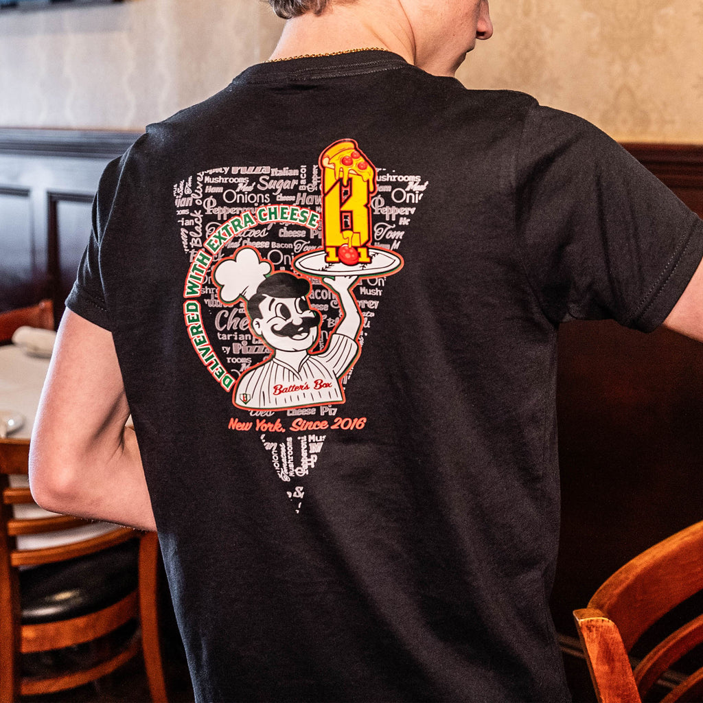 Adult model wearing graphic tee with “Pizza Guy” design