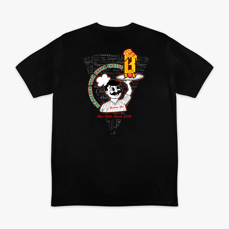 Graphic tee with “Pizza Guy” design — back view