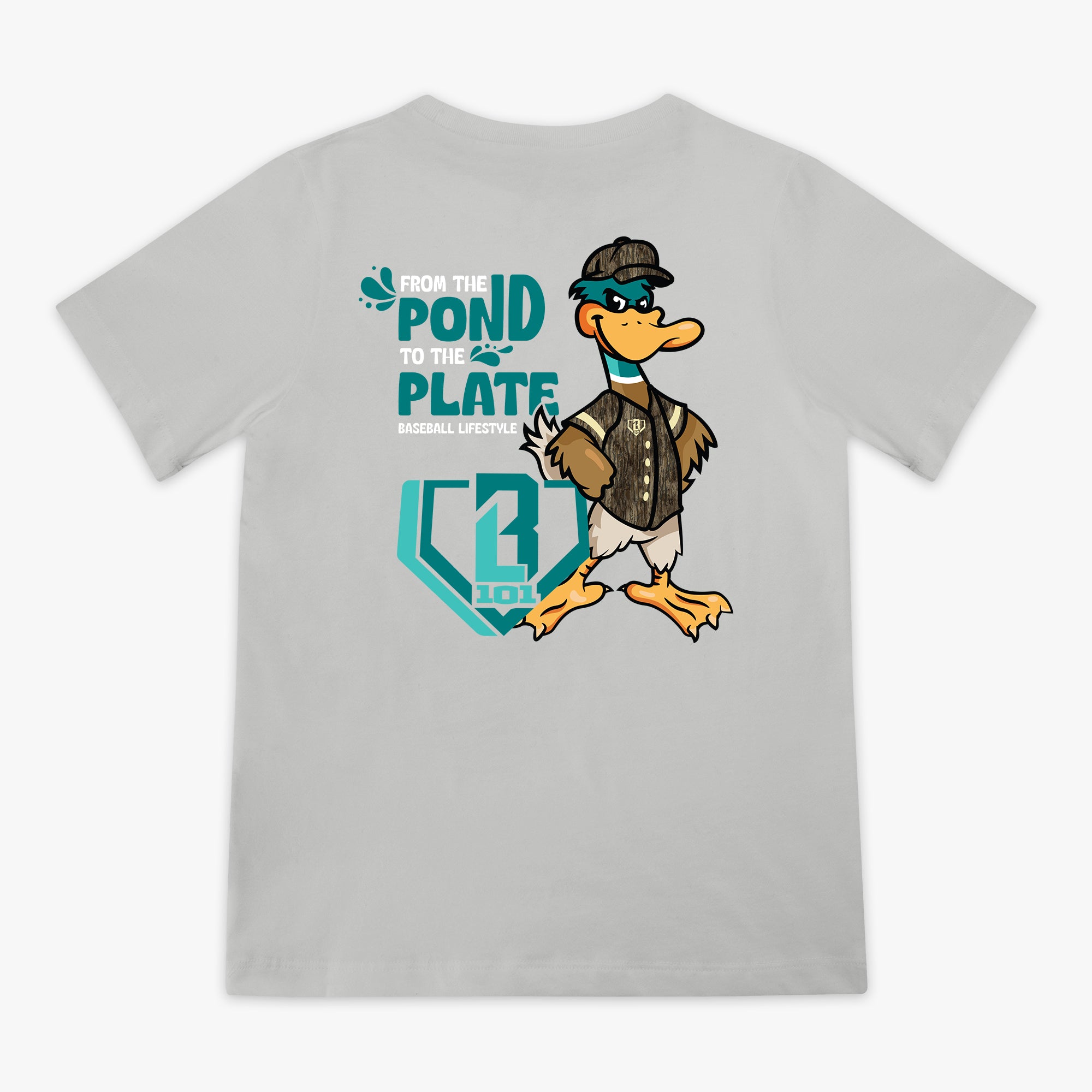 Gray t-shirt with a cartoon duck character, blue BL101 logo and 'From Pond To The Plate Baseball Lifestyle' text on a white background
