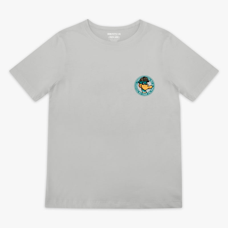 Gray t-shirt with a small duck logo and 'Baseball Lifestyle From Pond To The Plate' text on the chest against a white background