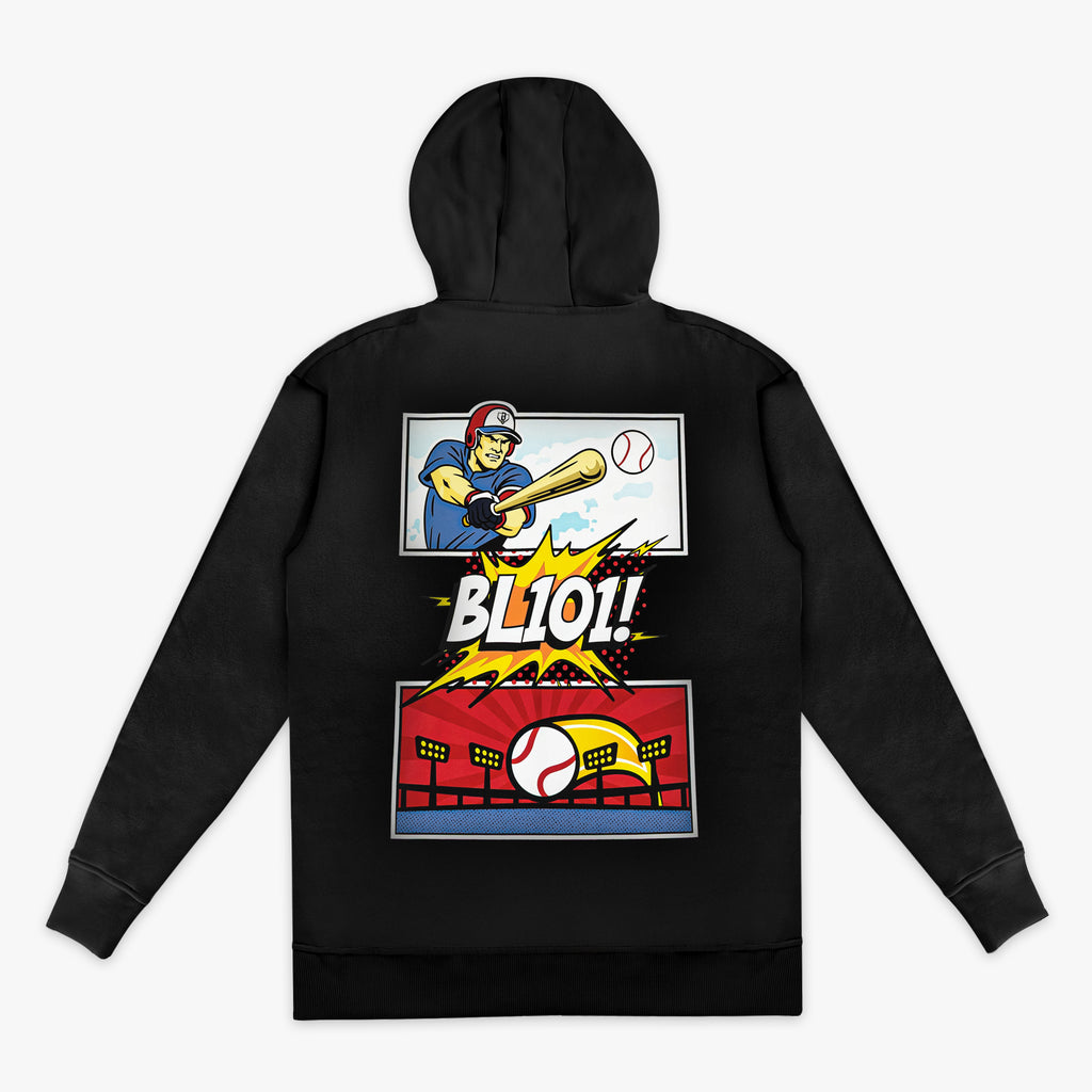 Black youth hoodie with "Power Hitter" design — back view