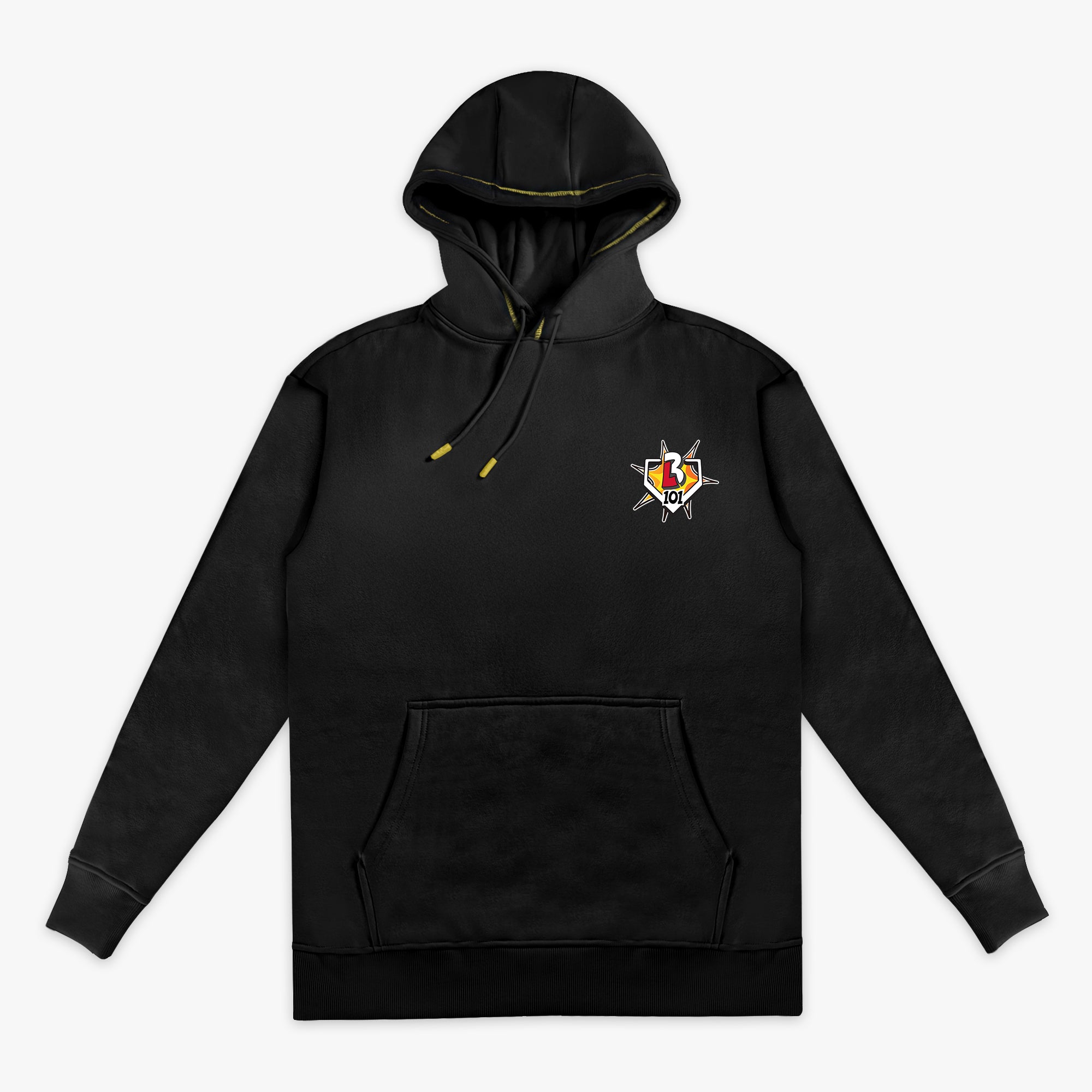 Black hoodie with "Power Hitter" design — front view