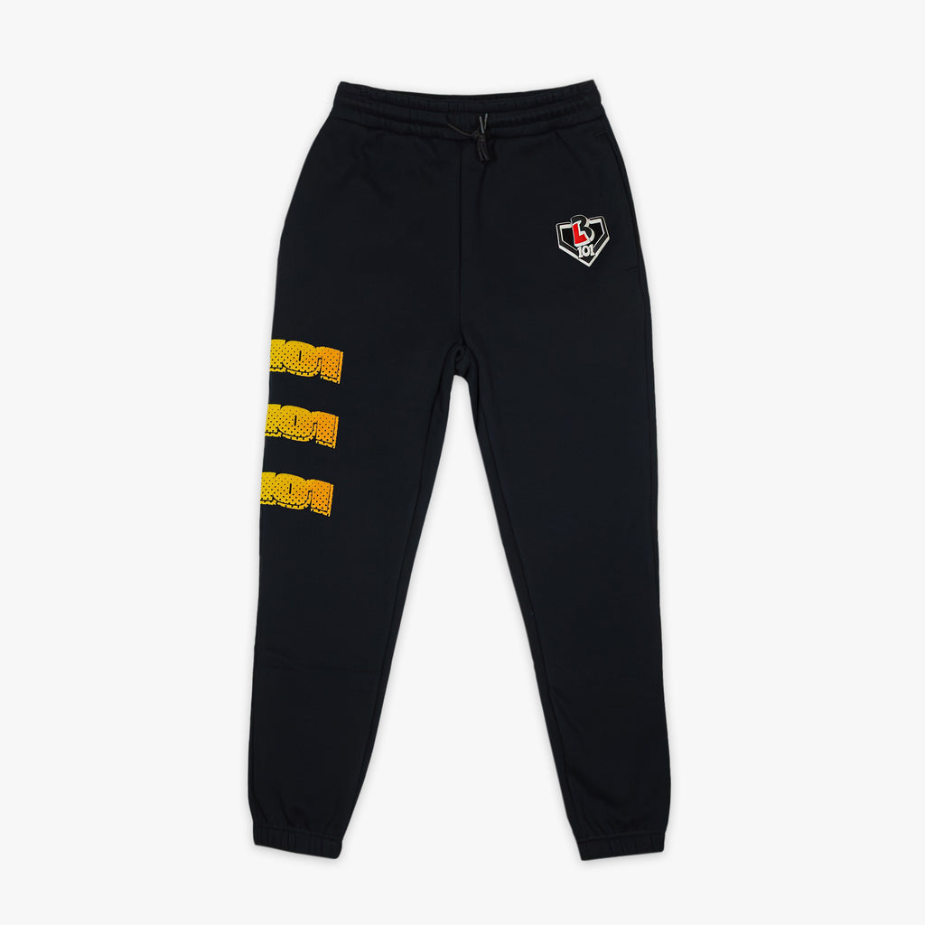Black sweatpants with "Power Hitter" design — front view
