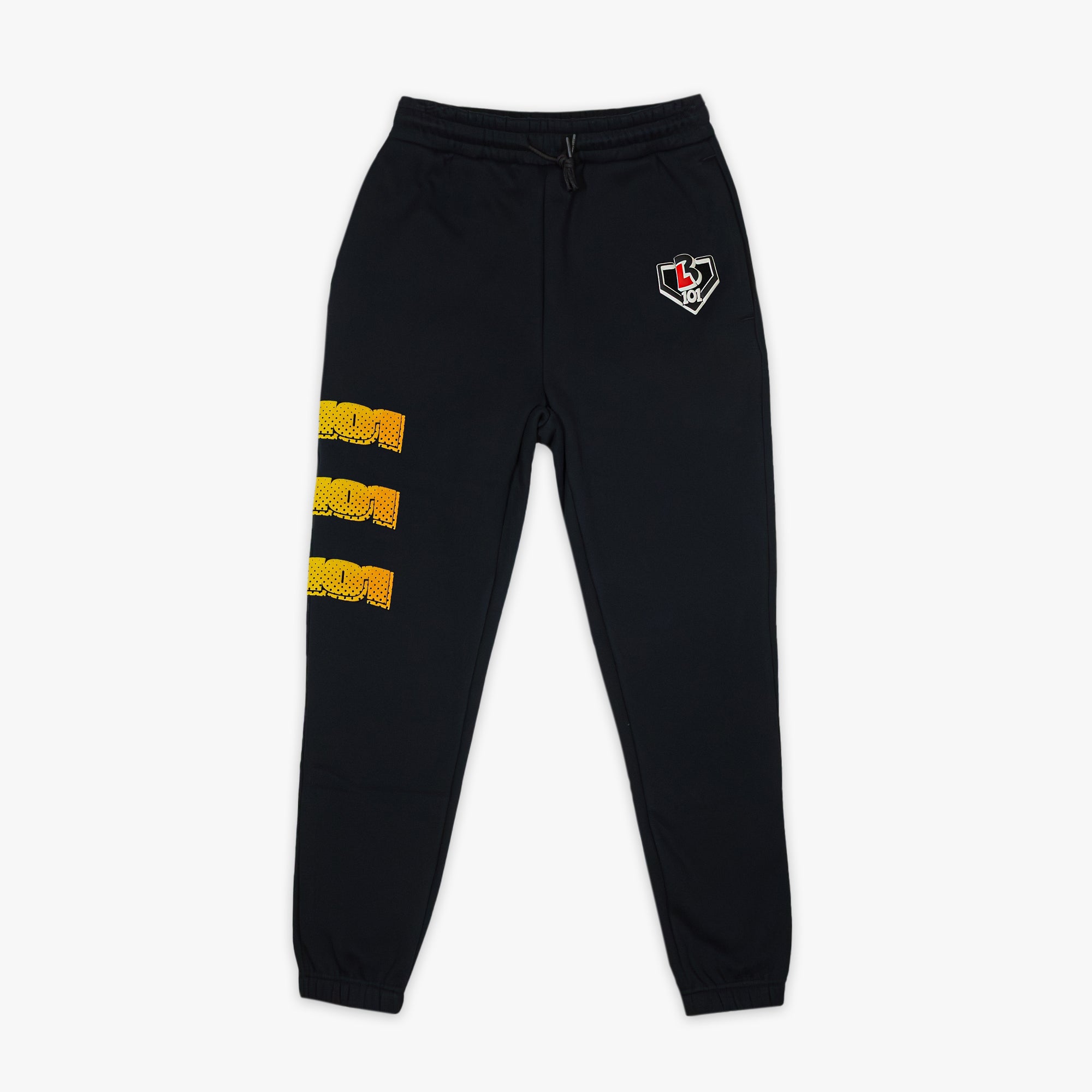 Black youth sweatpants with "Power Hitter" design — front view