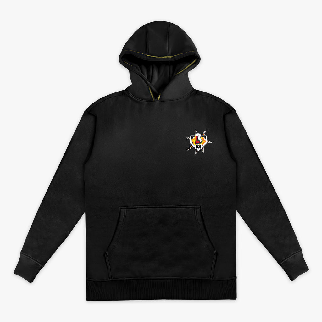 Black youth hoodie with "Power Hitter" design — front view