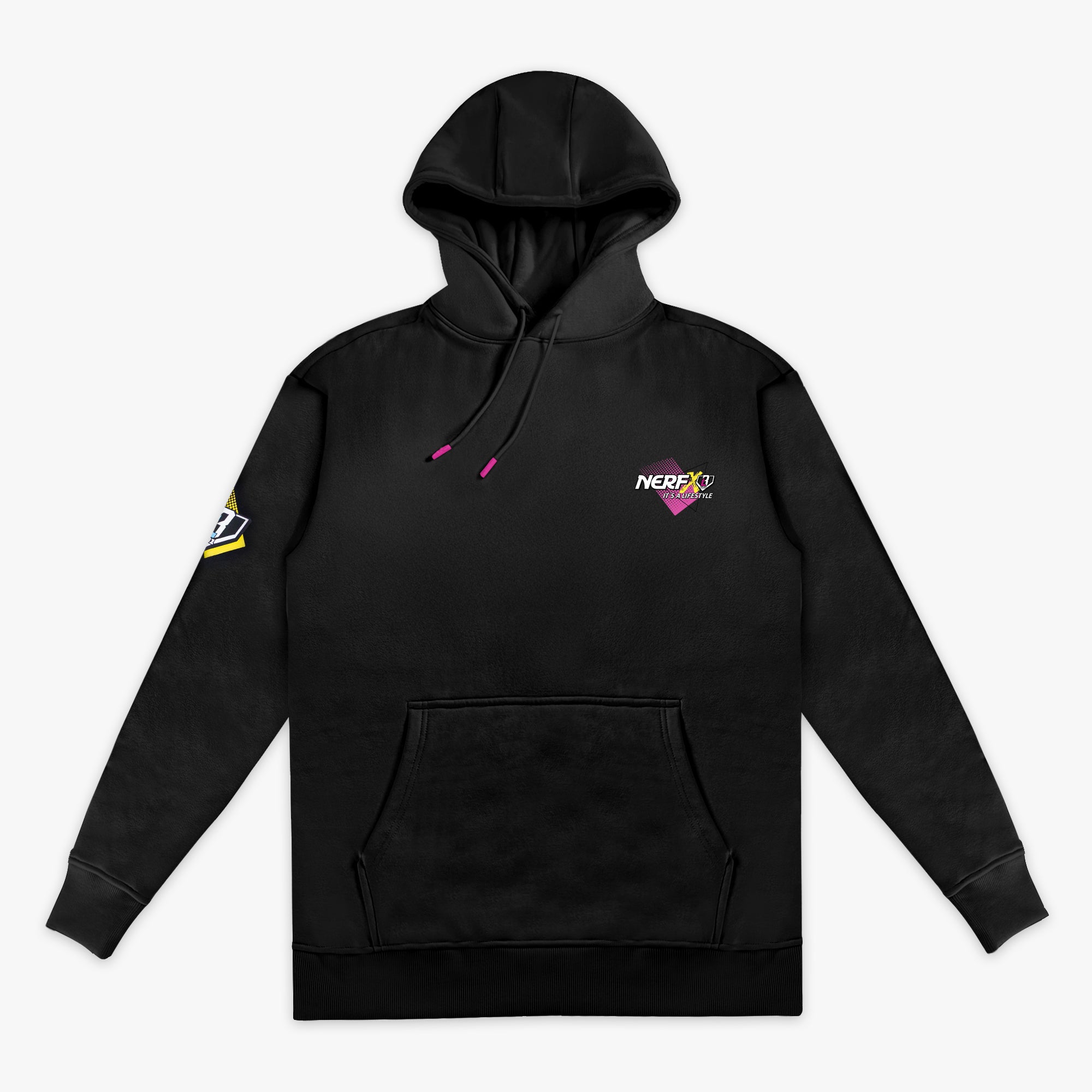 Black hoodie with 'NERF X BL101' logos on sleeves and chest against a white background