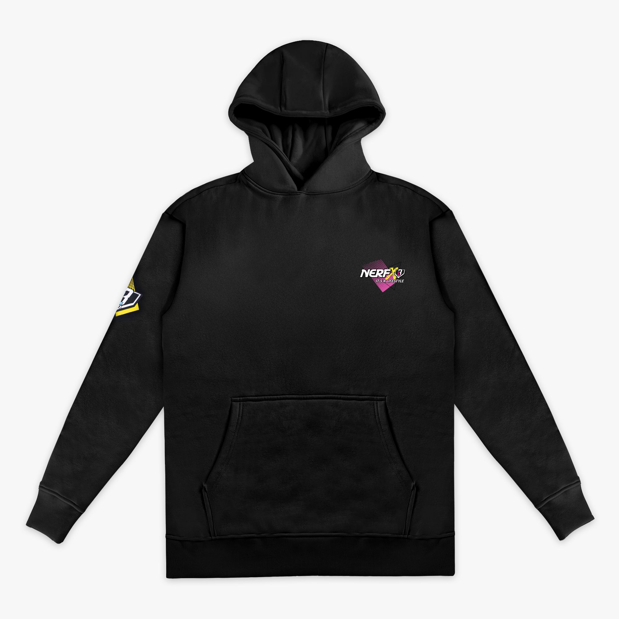 Black hoodie with colorful 'NERF It's a Lifestyle' graphic on sleeves and chest against a white background