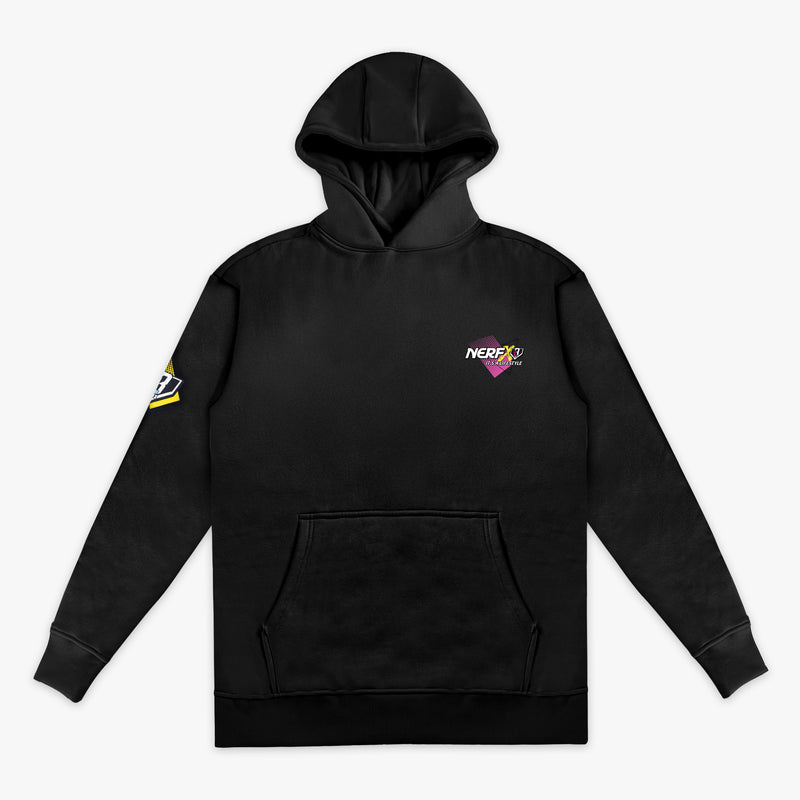 Black hoodie with colorful 'NERF It's a Lifestyle' graphic on sleeves and chest against a white background