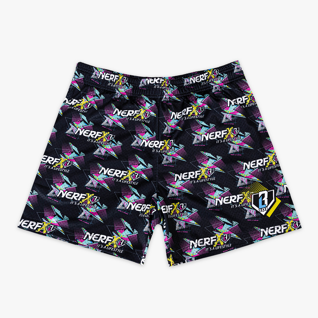 Black shorts with colorful 'Nerf x BL101' logo pattern on a white background
