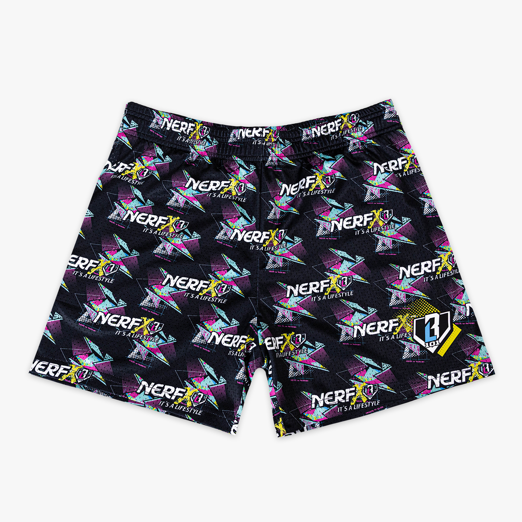 Black shorts with colorful 'Nerf x BL101' logo pattern on a white background
