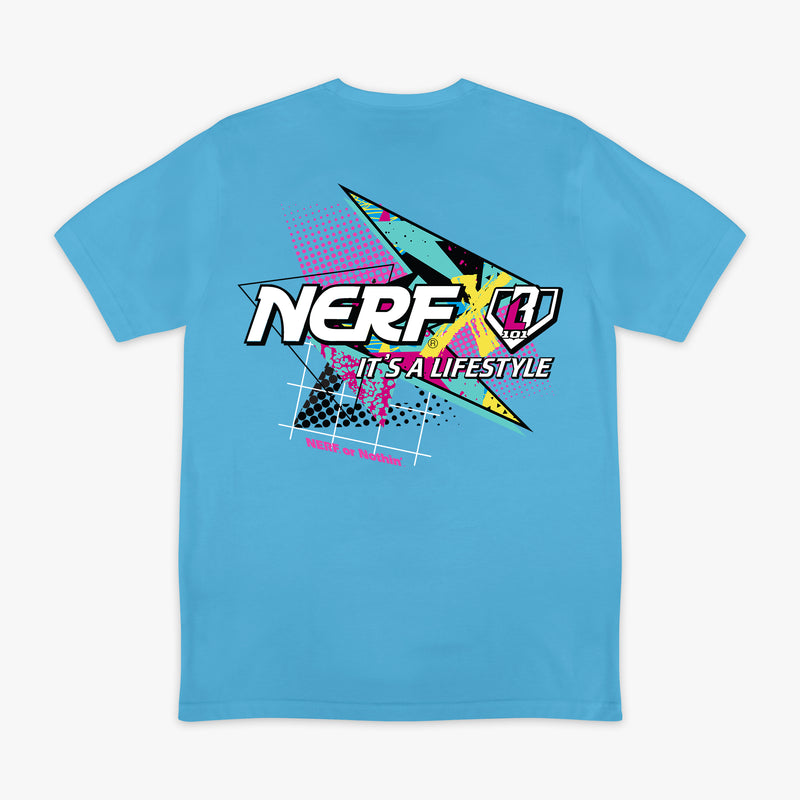 Blue t-shirt with colorful 'NERF X BL101 it's a lifestyle' logo and text on a white background