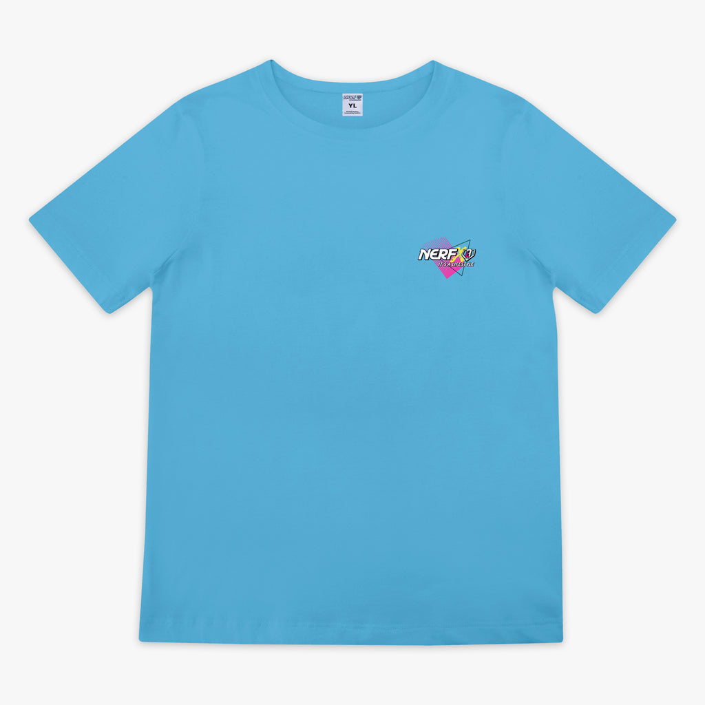 Blue t-shirt with a small colorful 'NERF X BL101 It's a lifestyle' logo on the chest against a white background