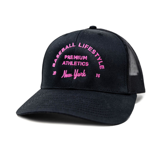 Black baseball lifestyle hat, black trucker hat