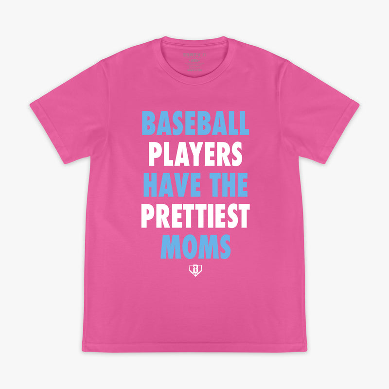 Adult model wearing pink and blue Baseball Players Have The Prettiest Moms graphic tee