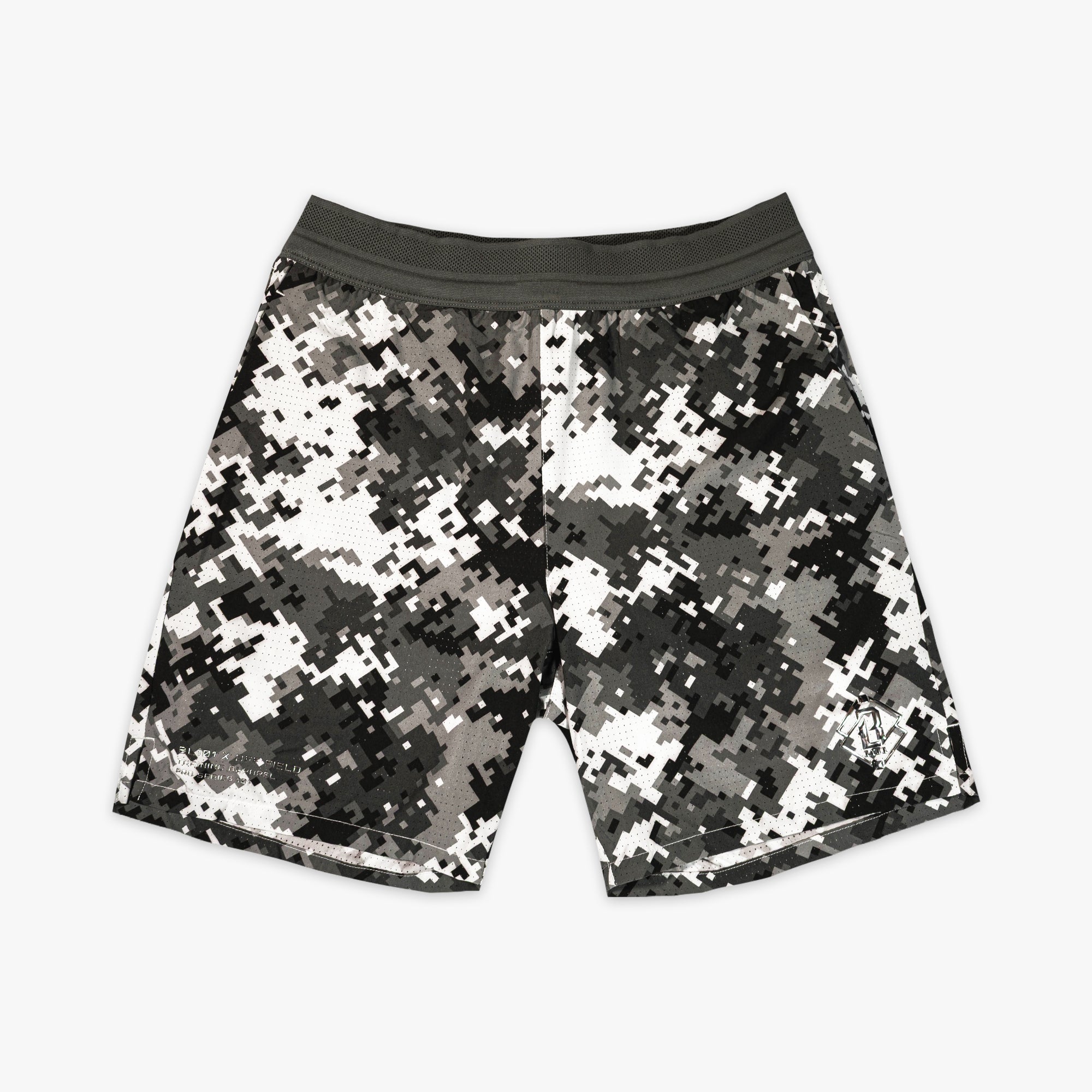 Digital camouflage shorts on a white background