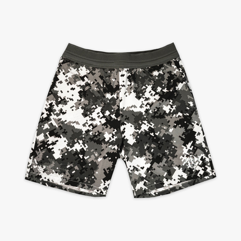 Digital camouflage shorts on a white background
