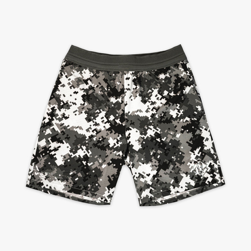 Digital camouflage shorts on a white background