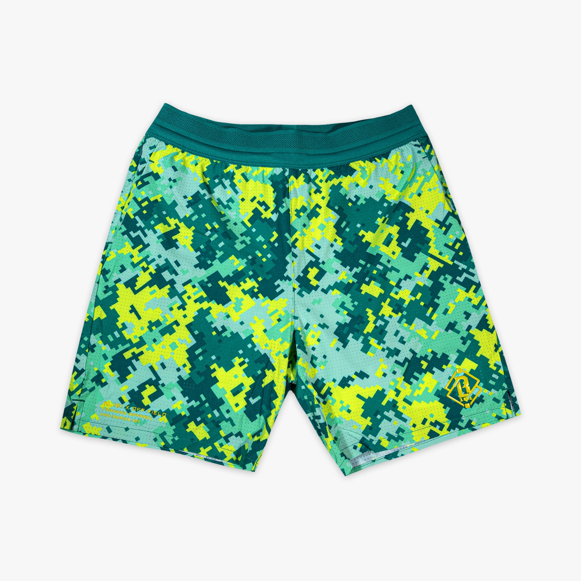 Green and yellow camouflage shorts on a white background