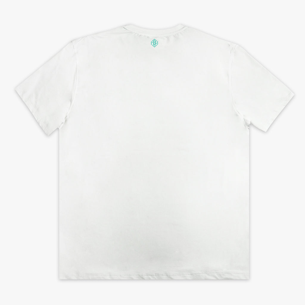 White t-shirt with a small logo on the chest against a white background