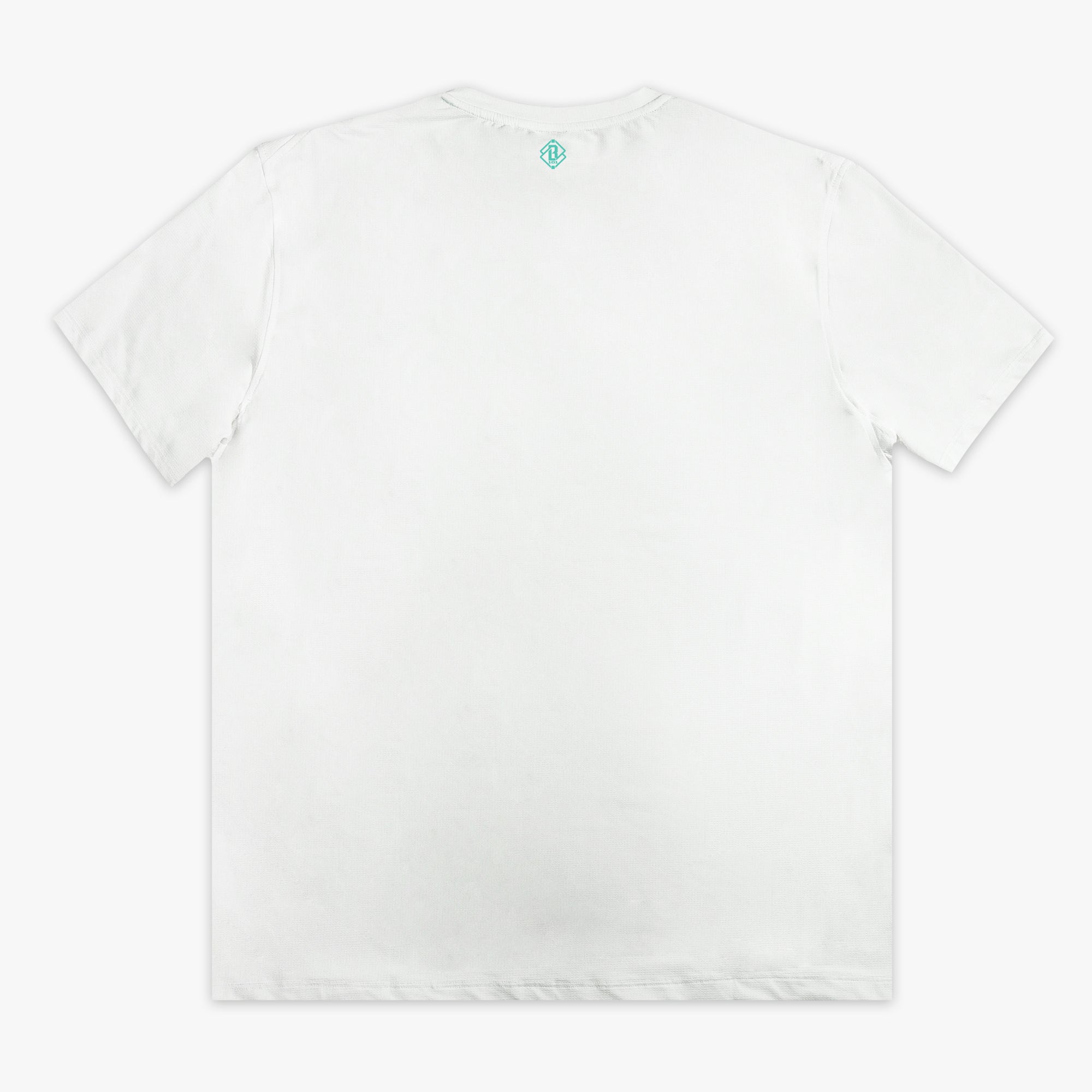 White t-shirt with a small logo on the chest against a white background