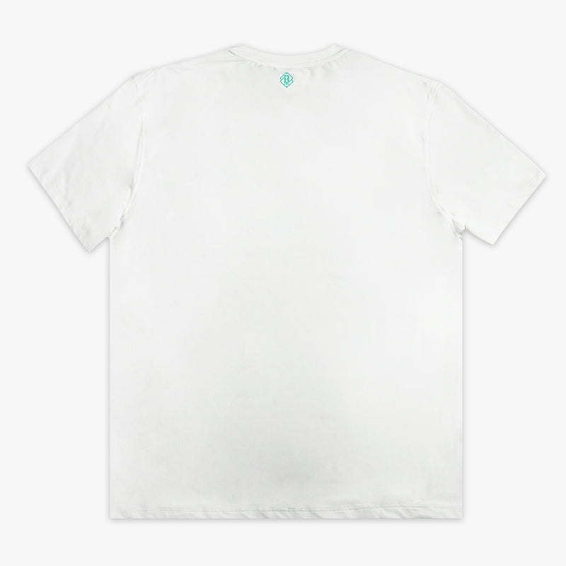 White t-shirt with a small logo on the chest against a white background