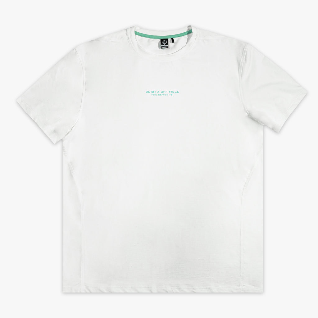White t-shirt with a brand logo on a white background