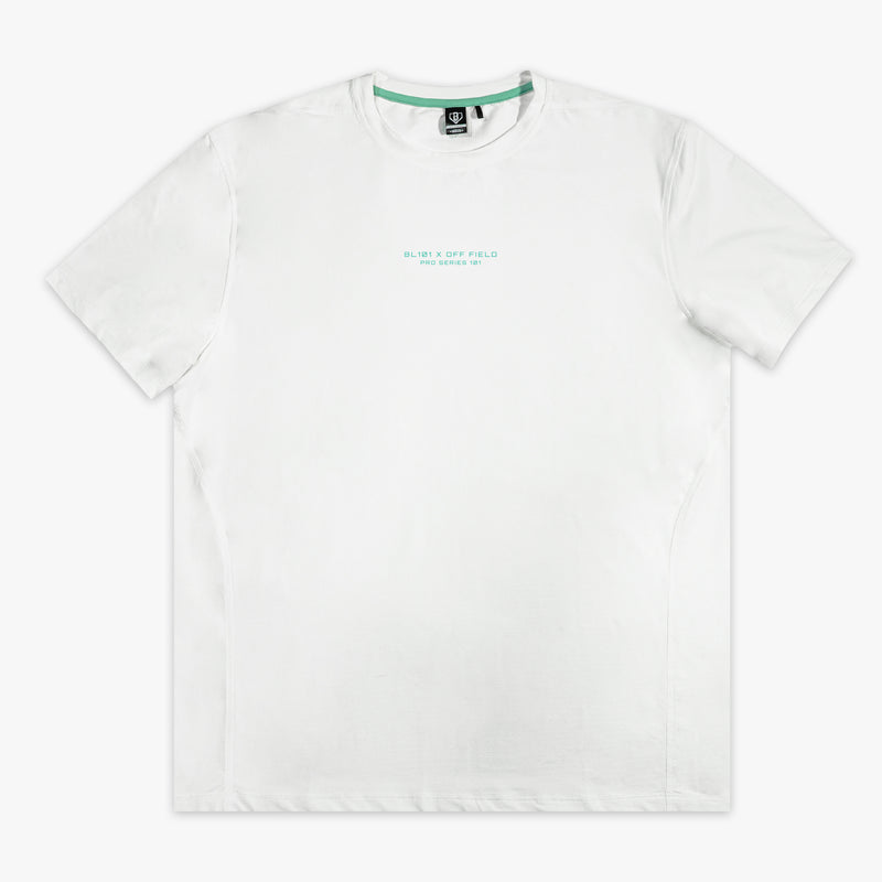 White t-shirt with a brand logo on a white background