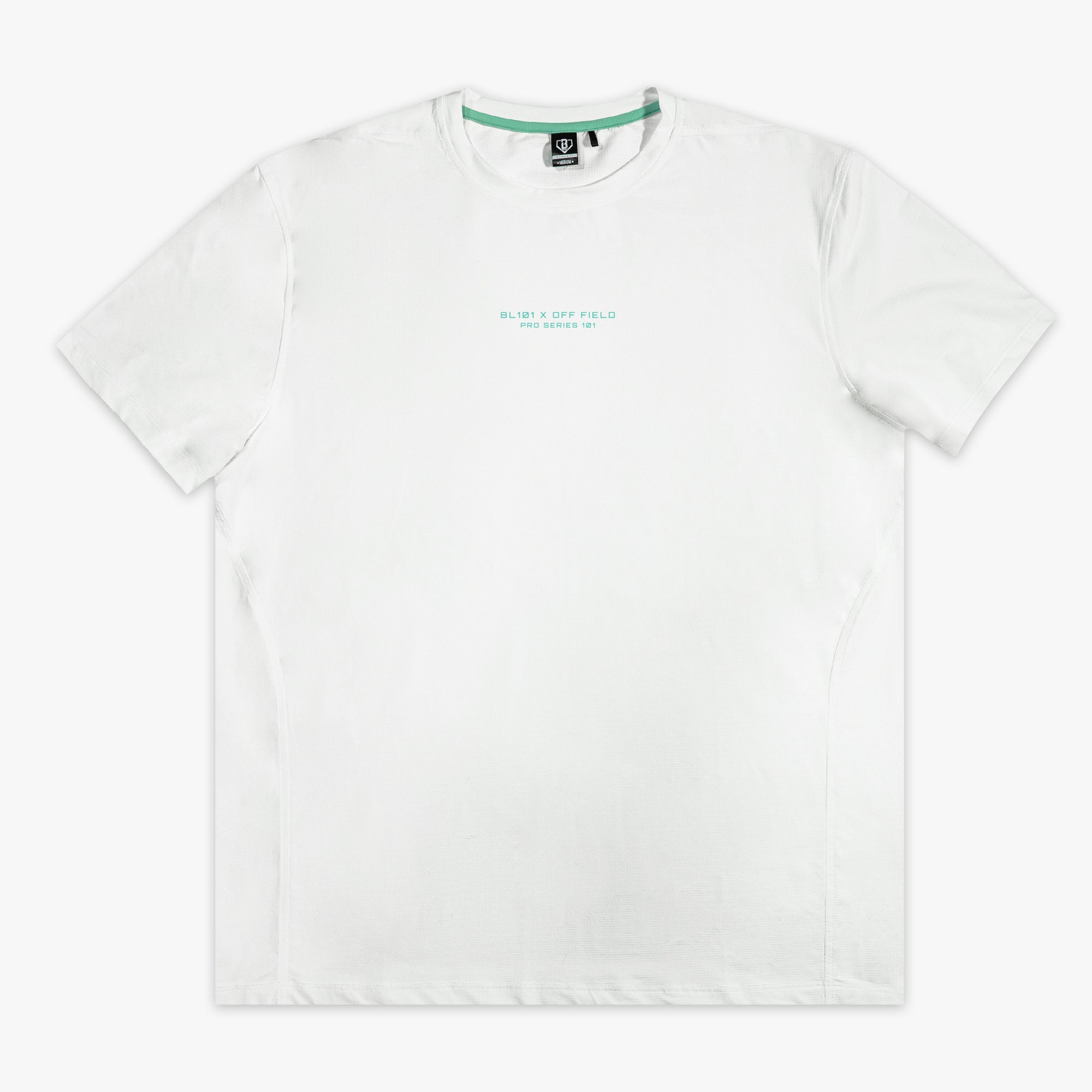 White t-shirt with a brand logo on a white background