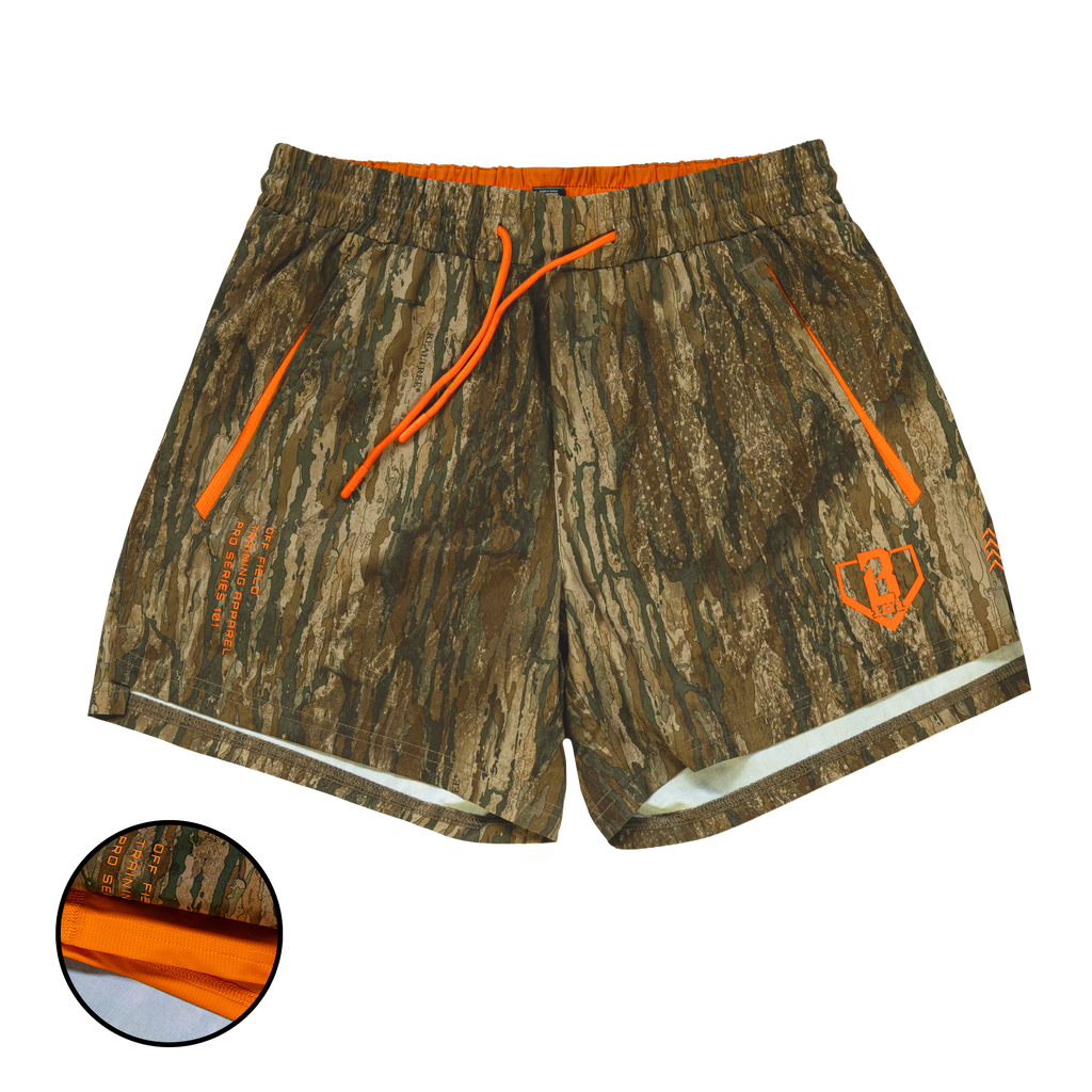 Multi-color Realtree Legacy Pro Series V2 Camo youth shorts with liner — front view
