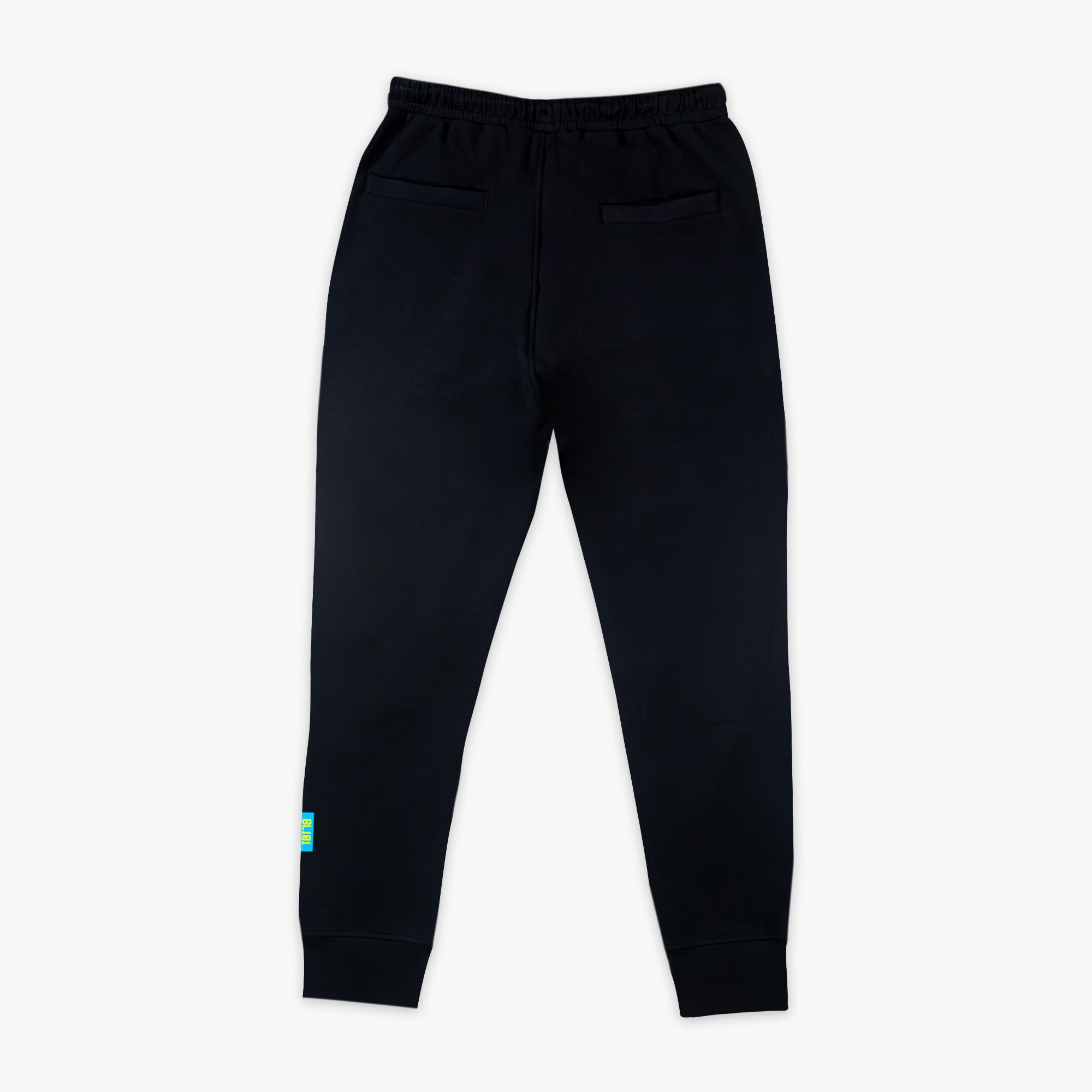 Black sweatpants with a small colorful logo on a white background