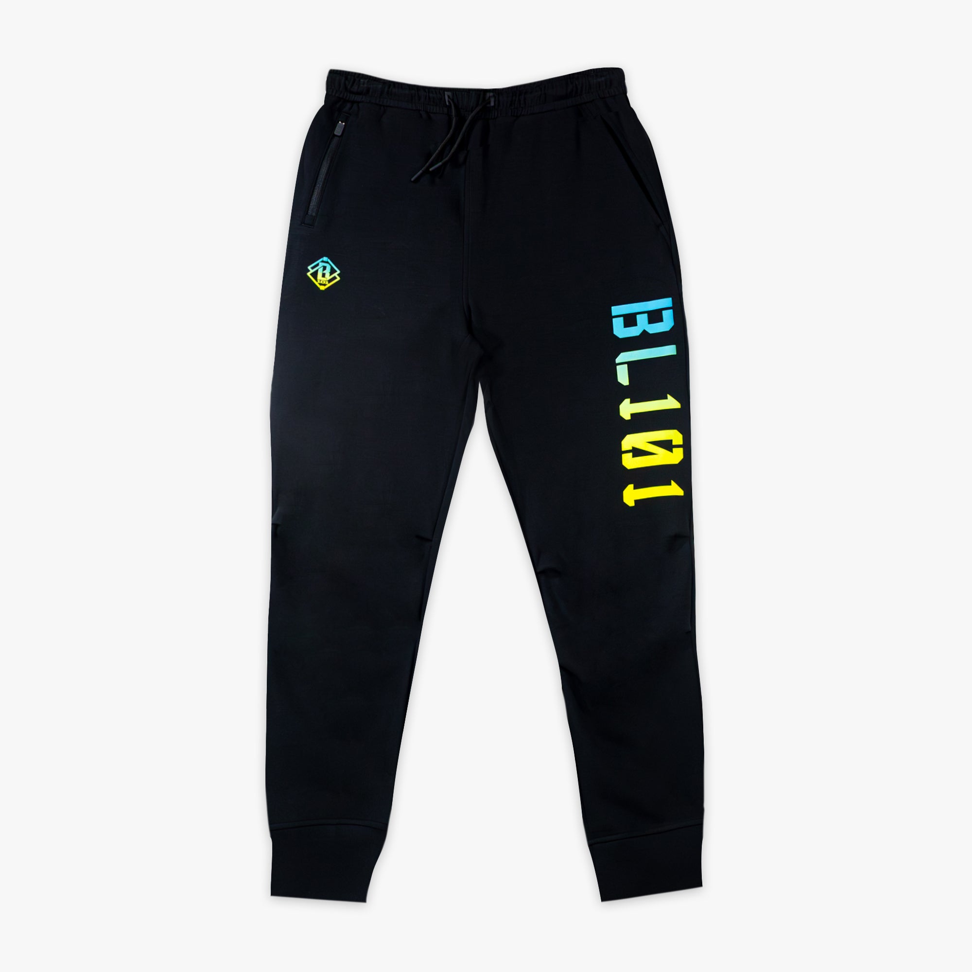 Black jogger pants with colorful 'BL101' branding on a white background