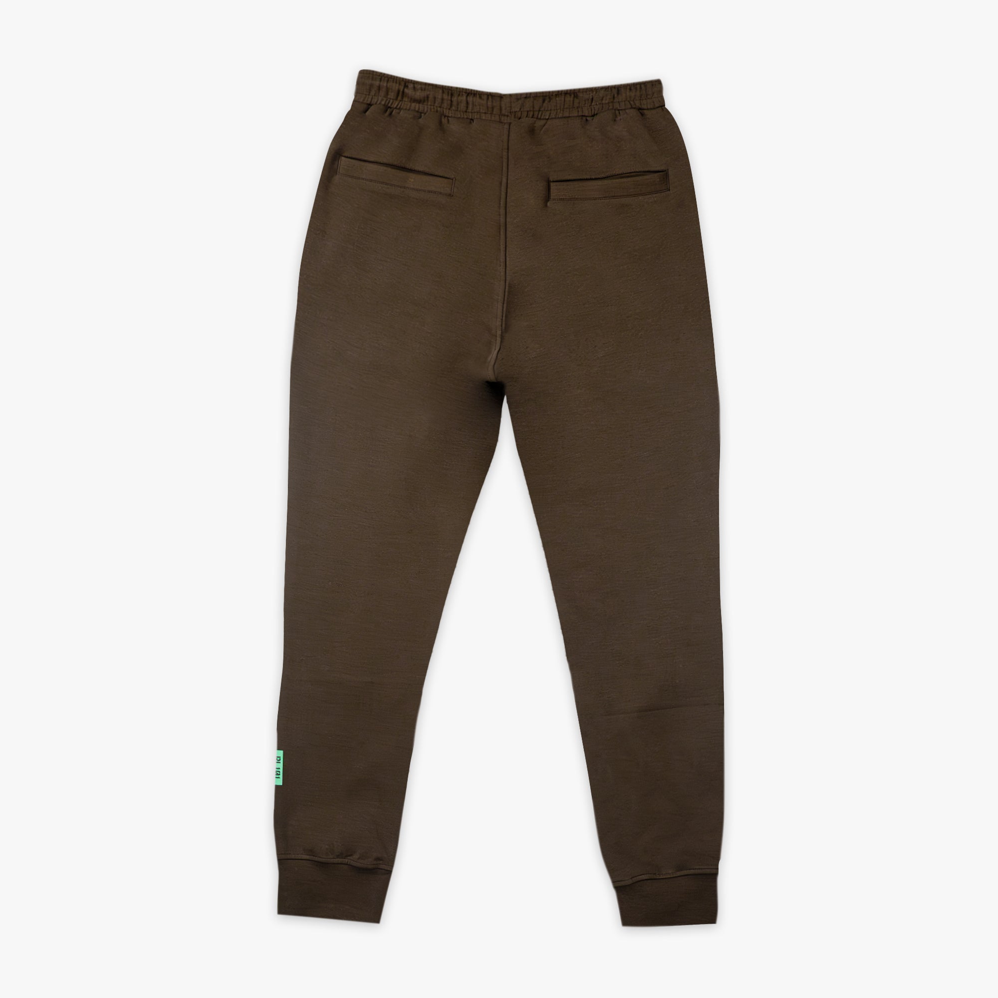 Brown sweatpants with a small green logo on a white background