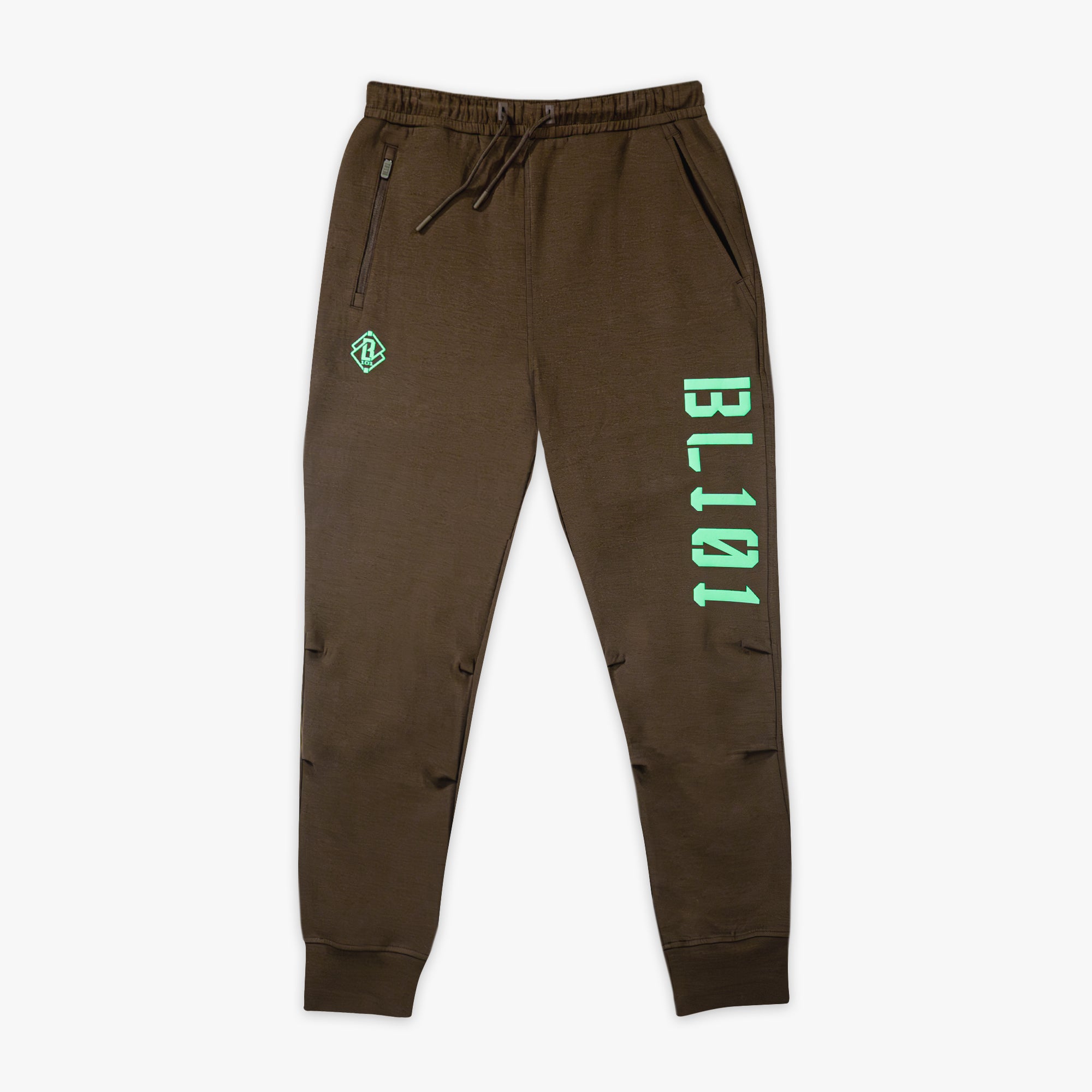 Brown sweatpants with green BL101 text and logo on a white background