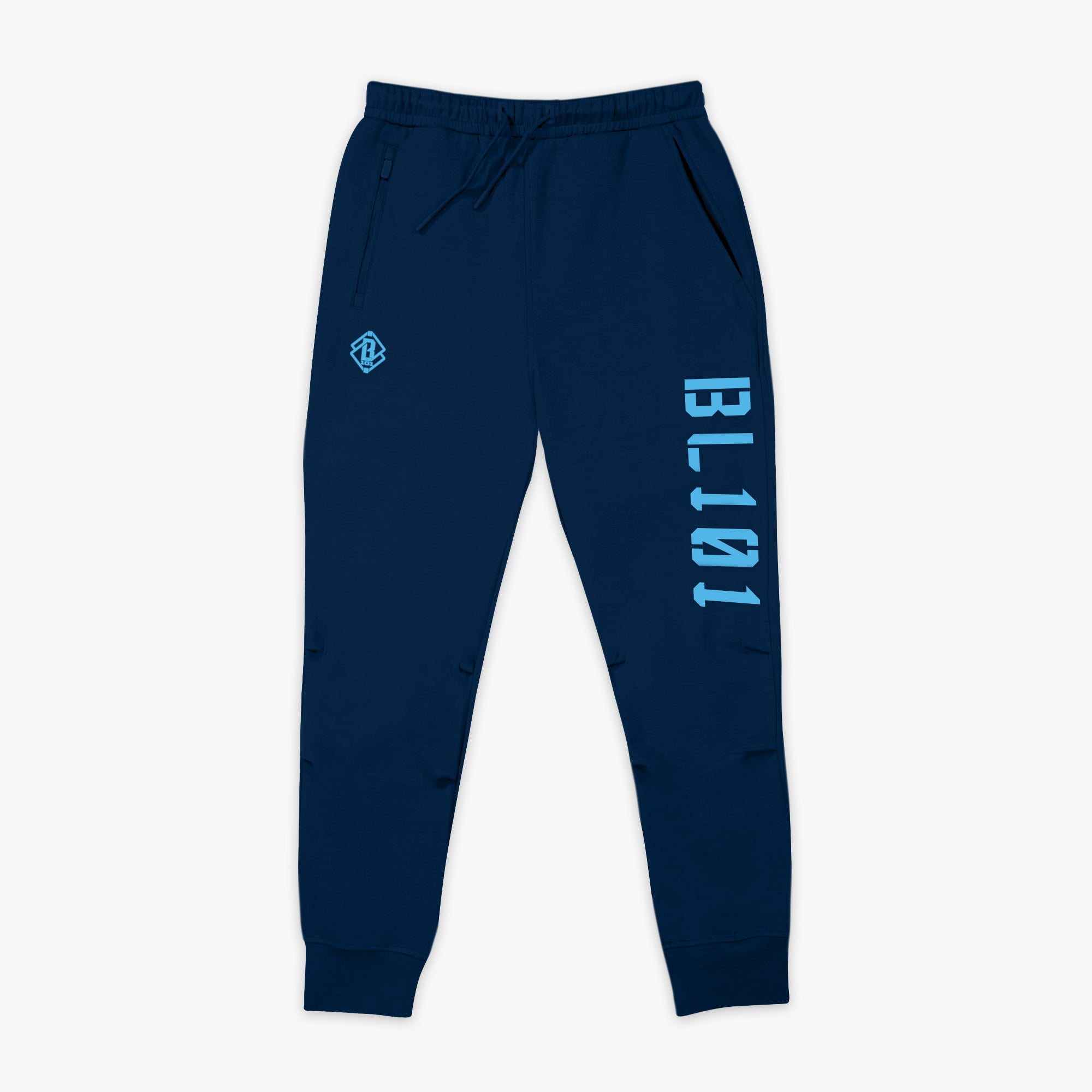 Navy blue jogger pants with light blue BL101 text on a white background