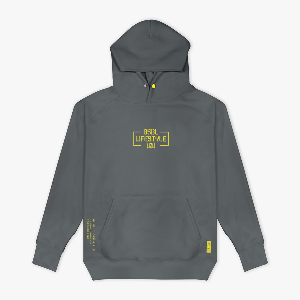 Gray hoodie with yellow 'Baseball Lifestyle 101' text and branding on a white background