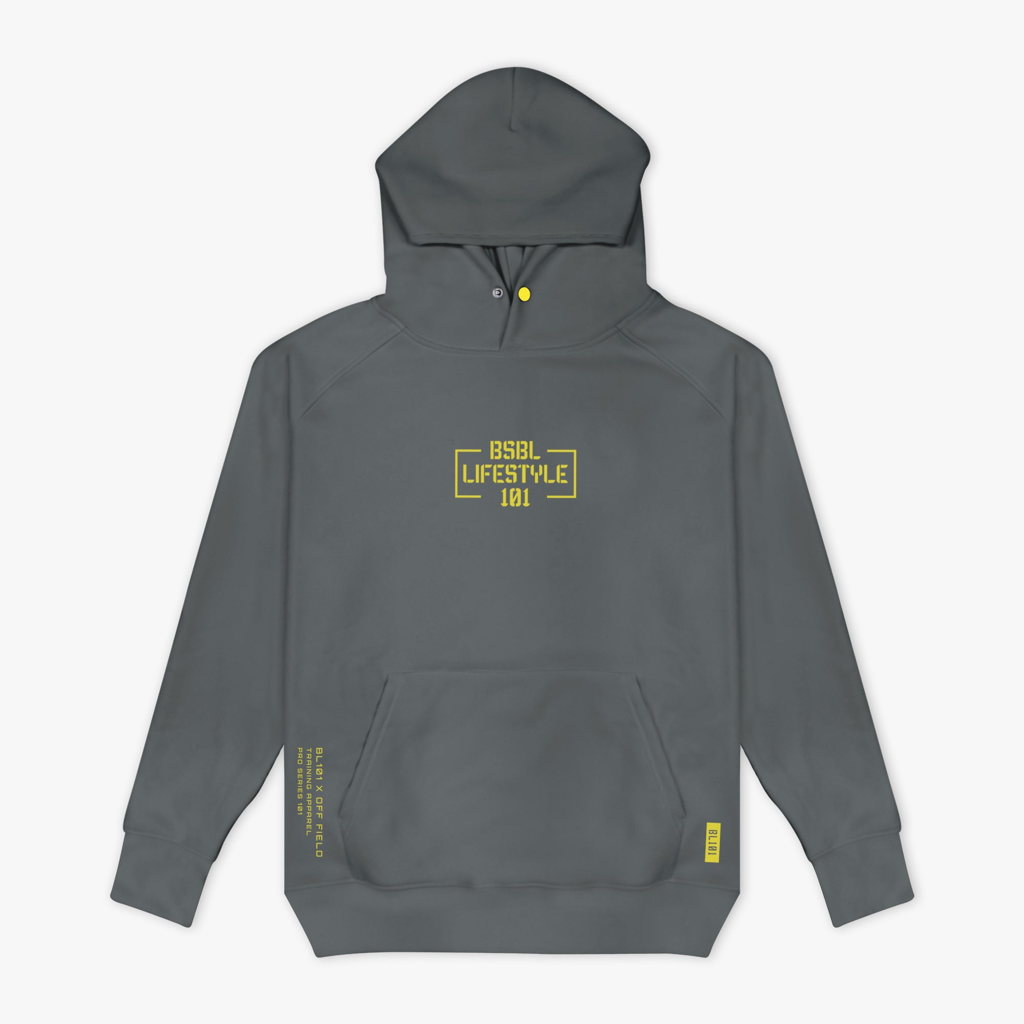 Gray hoodie with yellow 'Baseball Lifestyle 101' text and branding on a white background