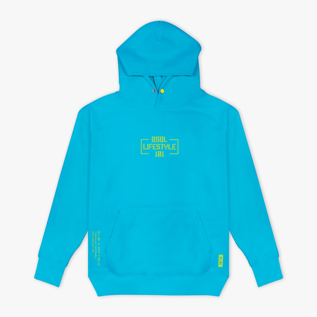 Blue hoodie with yellow 'BSBL LIFESTYLE 101' text on a white background