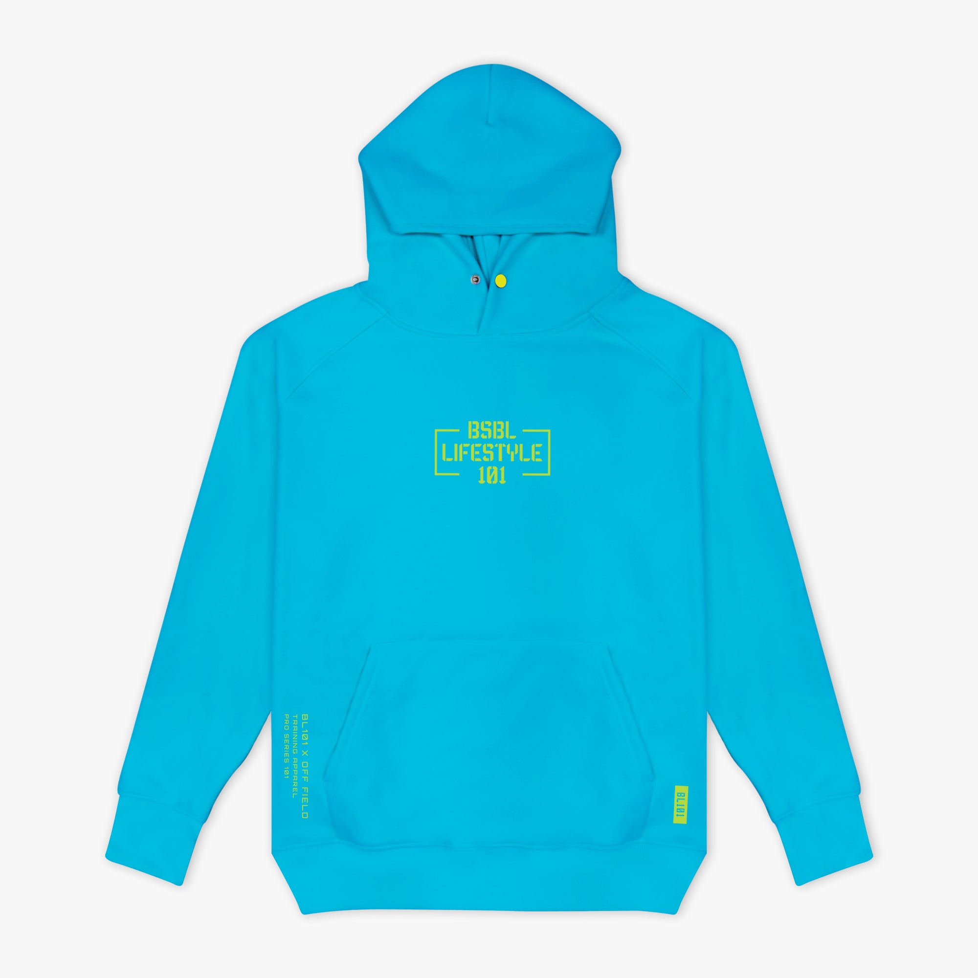 Blue hoodie with yellow 'BSBL LIFESTYLE 101' text on a white background