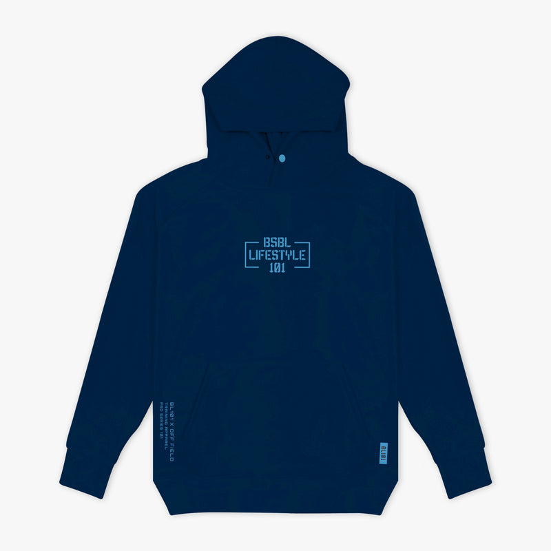 Navy blue hoodie with a "BSBL Lifestyle 101' logo on the chest against a white background