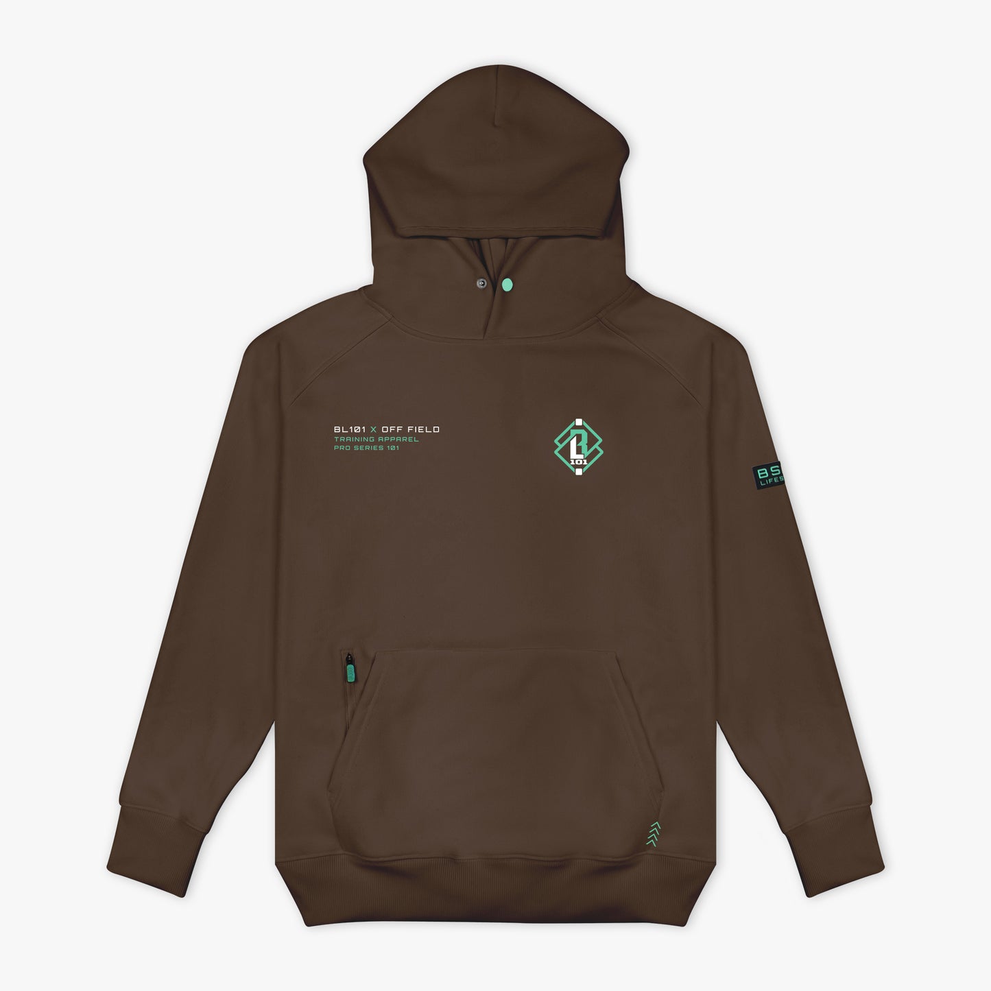 Brown hoodie with green BL101 logos on a white background