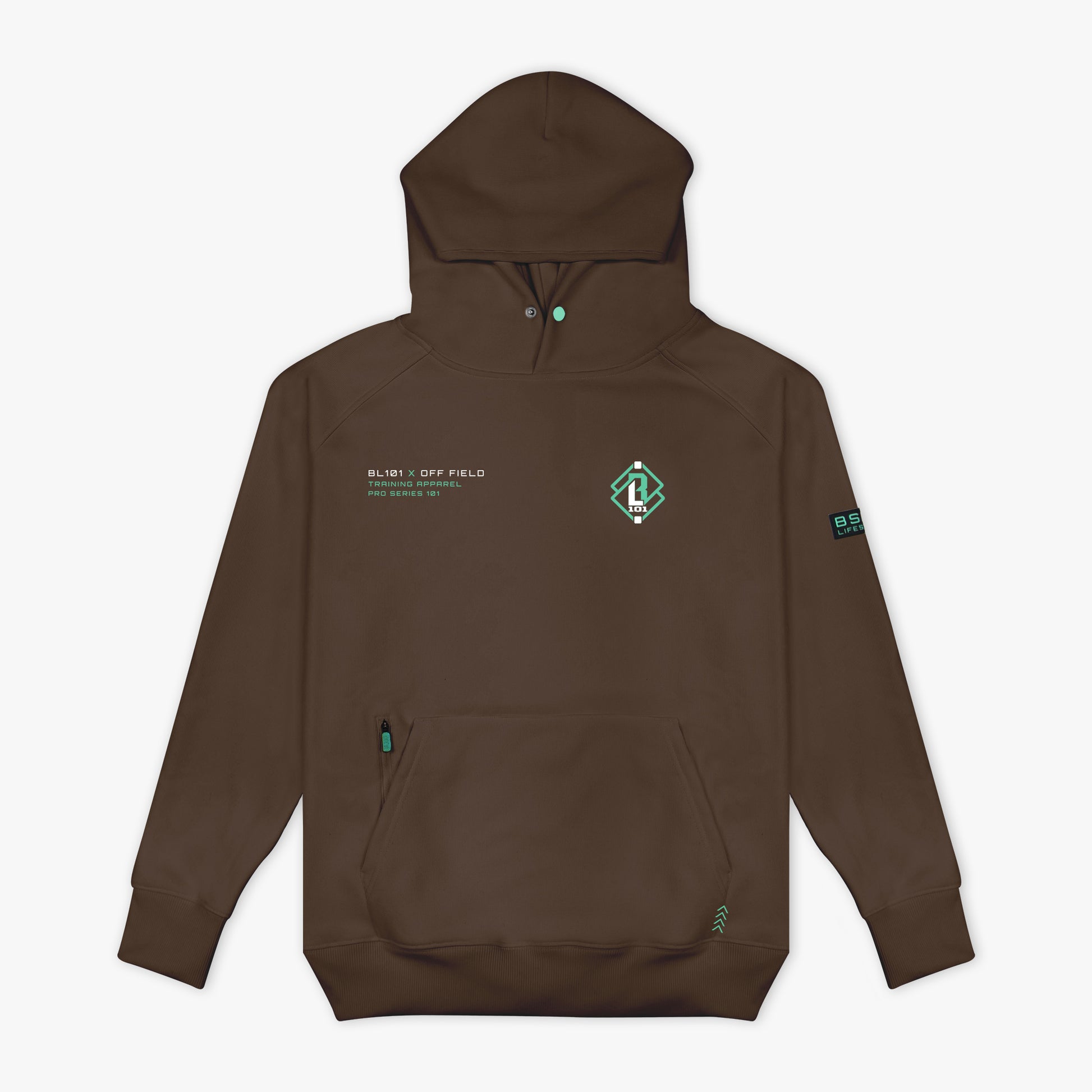 Brown hoodie with green BL101 logos on a white background