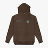 Brown hoodie with green BL101 logos on a white background