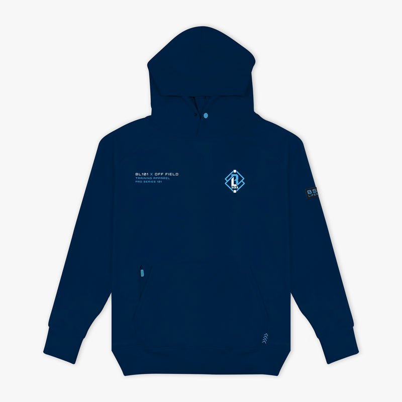 Navy blue hoodie with 'BL101 X OFF FIELD' branding on a white background