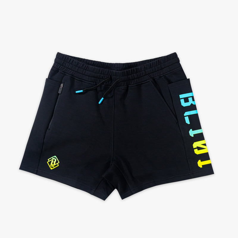 Black shorts with colorful BL101 text on a white background